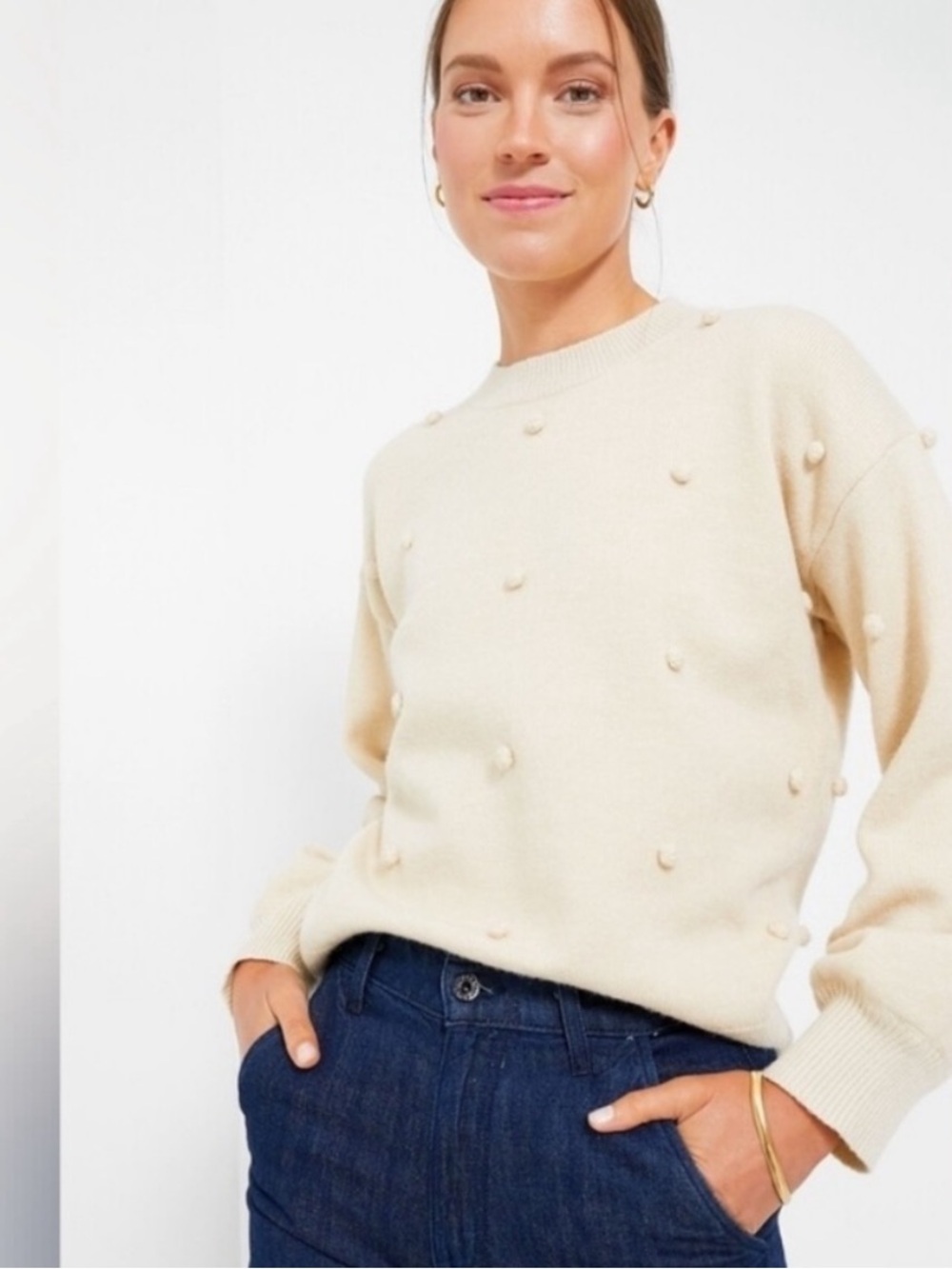 Hyacinth House Oatmeal Pom Pom Crewneck Melinda Sweater Sz Small